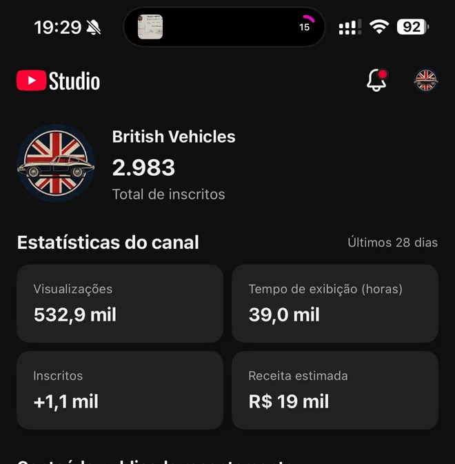 Print do YouTube Studio do British Vehicles publicado no Instagram