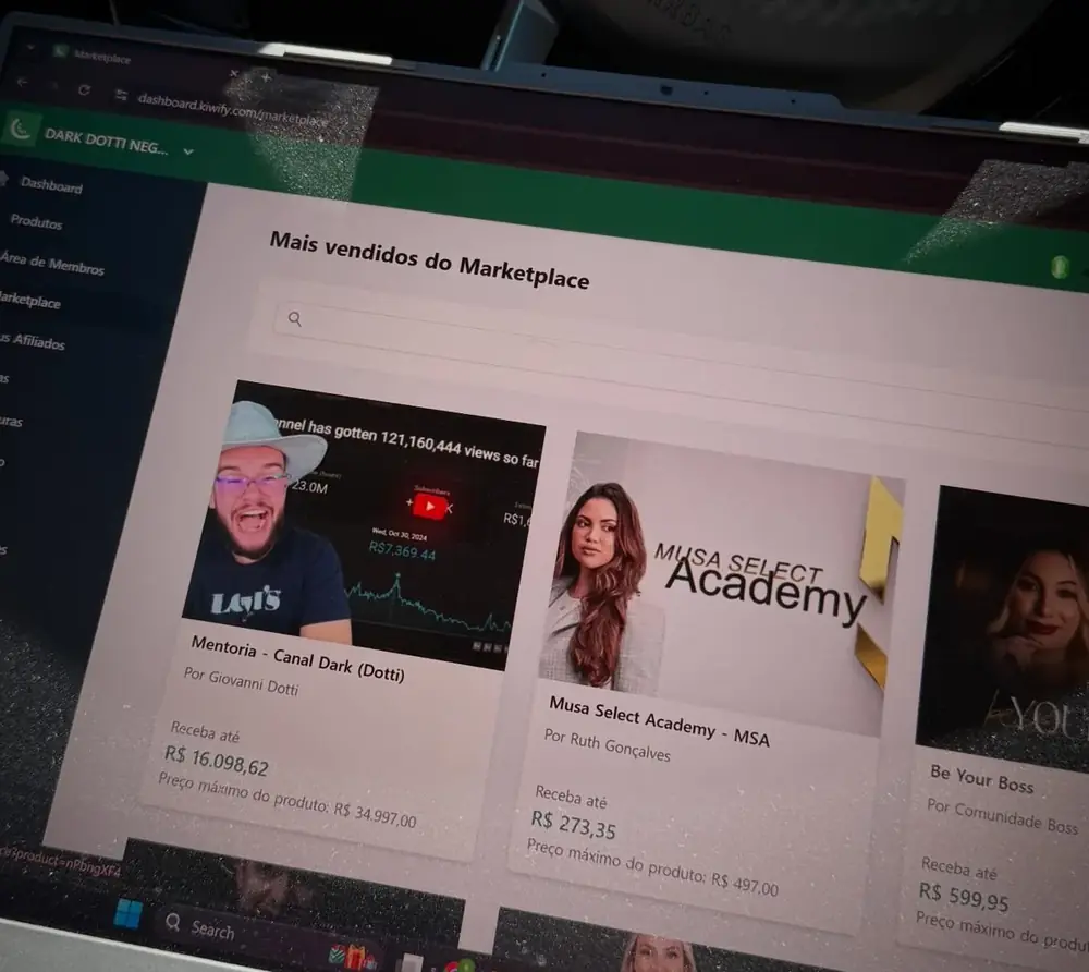 Painel da Kiwify mostrando os mais vendidos do Marketplace, com a Mentoria Canal Dark do Giovanni Dotti em primeiro lugar